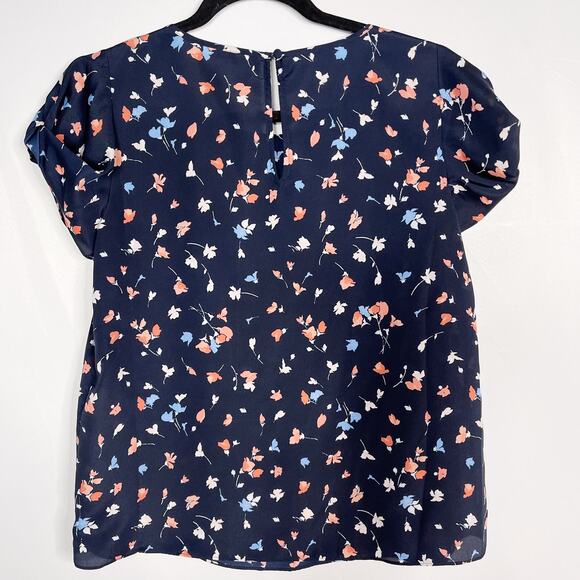 Joie XSmall XS Navy Blue Floral Gathered Sleeve Blouse Top Keyhole Back Scoop - Picture 2 of 9